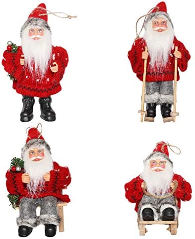 CHENGMON Christmas Santa Claus Ornaments Decorations Tree Hanging Figurines Collection Doll Pendant Small Traditional Holding Home Decors Set of 4 Pcs Assortment Pack 6" Inch (Red Sweater)