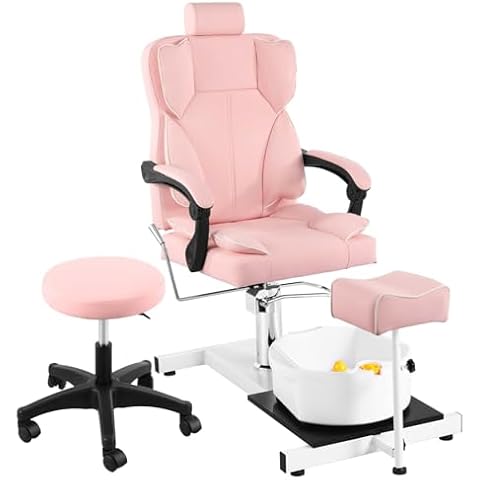 FRATUNAR Pedicure Station No Plumbing, Hydraulic Lift Pedicure Chairs with Stool & Bubble Massage Foot Bath, 360 Swivel Pedicure Chair, Height Adjustable Pedicure Unit Station　Pink Cover