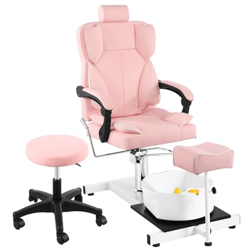 LUXMARS Pedicure Station Chair Hydraulic Lift Pedicure Chairs with Stool & Bubble Massage Foot Bath, 360 Swivel Pedicure Chair, No Plumbing, Height Adjustable Pedicure Unit Station - Pink