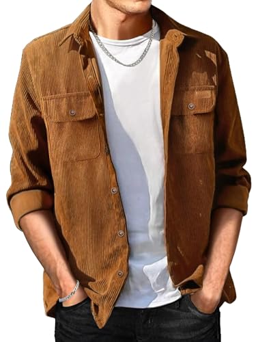 Image of Comdecevis Men's Corduroy Shirt Long Sleeve Plain Tops Button Down Work Shirts Jacket with Chest Pockets Brown 3X-Large