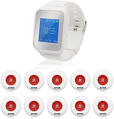 Caregiver Wrist Pager Call Button for Senior Safety Panic Button for Elderly Smart Personal Alarm Alert Pager Watch 1 Wrist Pager(Vibration + Sound+Time) 10 Waterproof SOS Call Buttons