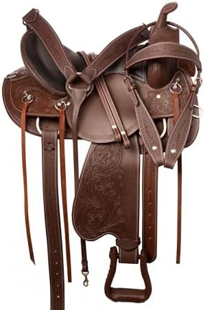 D&L Saddlery Leather Western Endurance Trail Horse Saddle Handmade Comfort with Horn Equestrian Horseback Riding Tack, Matching Headstall,Breast Collar,Reins Size:14"-18" inches Seat, M13