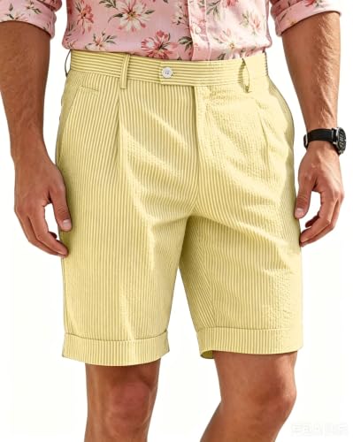 Mens Yellow Seersucker Gurkha Suit Shorts Striped Vintage Wedding 34W X 30L