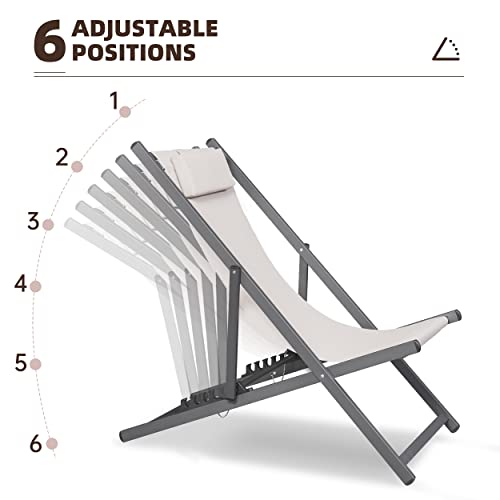 Efurden Outdoor Sling Chairs, Folding Chairs With Stools Portable Aluminum Beach Chairs Set Of 4, 6 Level Height Adjustable Lounge Chairs Reclining Deck Chairs, Beige #TOP3