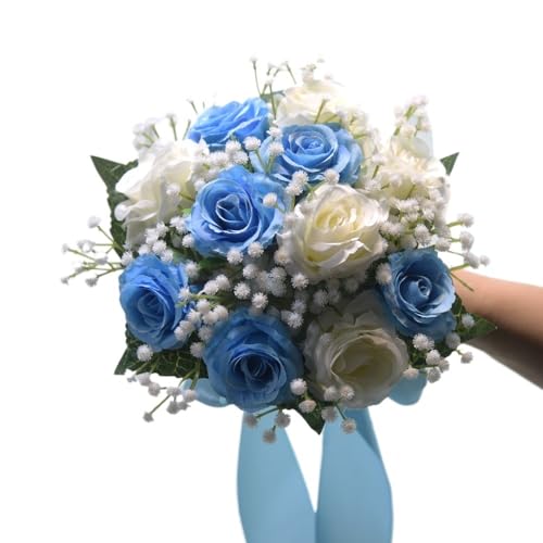 TENVORA Ramos de Novia,Ramo de Novia Flores Preservadas Ramos de Novia for la Novia, Ramo de Flores Artificiales Blancas con Cinta de Seda y Encaje, decoración de Boda campestre.(B-Blue)