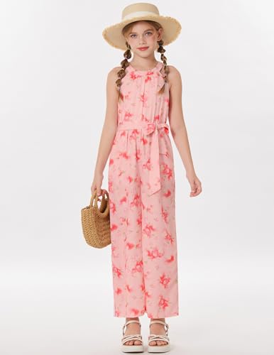 GRACE KARIN Girls Floral Jumpsuit Kids Halter Summer Belted Romper Wide Led Long Pants Pink 12Y — view 6
