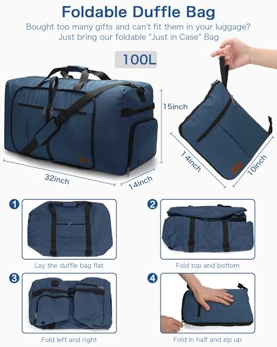 Image of Urtala Travel Duffel Bag for Women & Men, Large Foldable Overnight Weekender Bag with Shoes Compartment & Shoulder Strap, Lightweight Waterproof Luggage Bag, Dark Blue, 100L, Casual