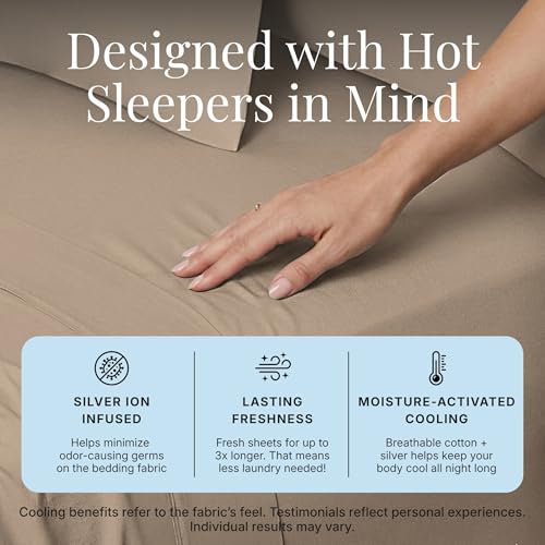 Image of Miracle Made Breathable Cotton Bed Sheets, 4-Piece Set - Silver-Treated, Soft and Cool-to-the-Touch Lightweight Bedding Designed for Hot Sleepers - King Size, Sand