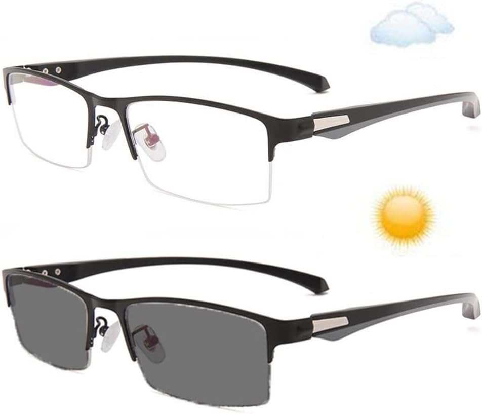 XUAN Photochromic Sunglasses Progressive Multifocus Reading Glasses Anti Blue Light Computer Glasses Half Rim Readers (Size : +2.5)