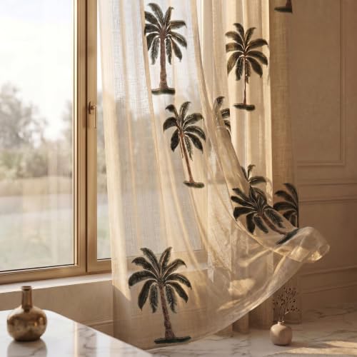 Image of LINENWALAS Cotton Linen Printed Sheer Curtain Set of 2 Panels with Eyelet Hanging, Palm Tree Printed Window Curtains Non Blackout Light Filtering Curtains (5 Feet, Natural Palm Tree)