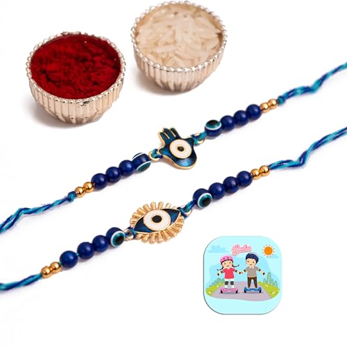 Image of CraftVatika Evil Eye Rakhi Set of 2 for Brother Bhaiya Designer for Boy Kids Rakshabandhan Hamsa Hand with Magnet