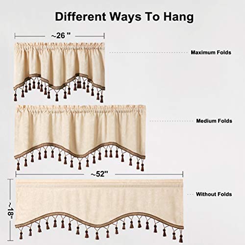 Elkca Double-Sided Chenille Window Curtains Tier For Kitchen Beige Scalloped Valance For Living Room,Pack Of 2(Beige,52" W X 18" L) #TOP5