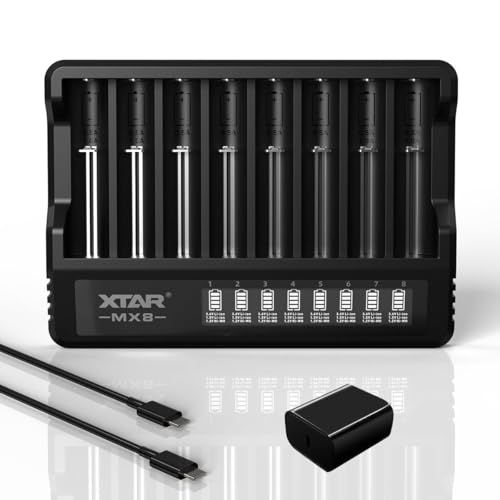 XTAR MX8電池充電器 単三・単四 1.5Vリチウムとニッケル水素電池 3.6V/3.7V 10400 14500 16340 18500 18650 21700に対応 【8本同時混合充電が可能】【0V活性化機能】PD20W充電器付属