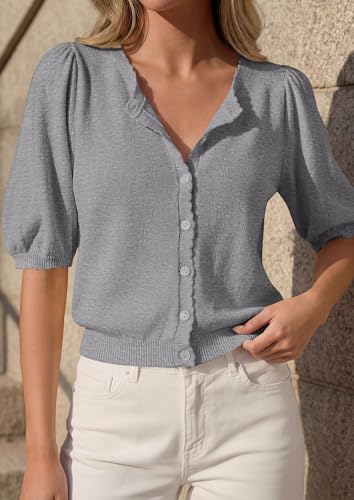 PRETTYGARDEN Women Short Sleeve Lightweight Knit Cardigans, Grey,XXL — view 6