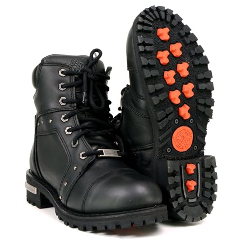Milwaukee Leather MBL9319 Bota feminina preta de couro premium com cadarço e fecho de zíper lateral,