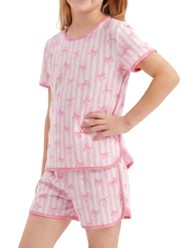 Yoofoss Girls Pajamas Organic Cotton Loose Fit Kids Pjs 2 Piece Sleepwear Short Sleeves & Short Pants Girls Clothes, Size 14