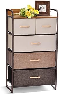 KINGRACK Chest of Drawers, 5 Fabric Storage Drawers, Tall Dresser with Wood Top, Sturdy Steel Frame & Easy Pull Handle, Large Fabric Drawer Storage Sideboard for Bedroom, Living Room, Hallway, Brown