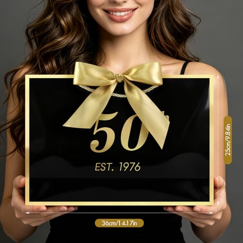 Image of JMANNI 50th Birthday Gift Bag with Card and Tissue Paper for Men Women Him, 14.2 inch Elegant Black Gold Anniversary Keepsake Party Present Shopping Paper Bags for Gifts Wrapping (EST.1976 /Black /Large)