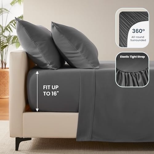 SLEEP ZONE Nanotex Super Soft Cooling King Bed Sheets Set 4 Piece - Easy Care Fitted Flat Sheet & Pillowcase Sets - Wrinkle Free, Fade Resistant, Deep Pocket 16" (Gray, King)