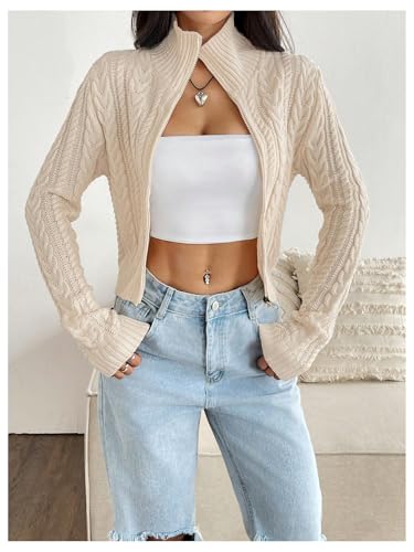 Image of MakeMeChic Women's Cropped Cable Knit Sweater Zip Cardigan Fall Clothes