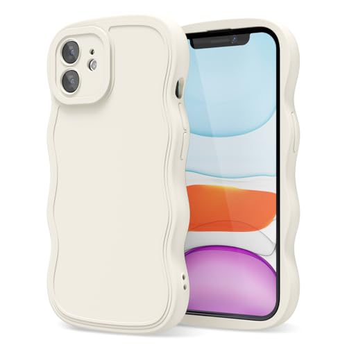 oakxco Silicone Case for iPhone 11 Case Wavy Edge, Cute Curly Wave Frame Ripple Trendy Design Girly Phone Case for Women, Y2k Aesthetic Plain Soft Matte Rubber & Camera Cover Protection, Beige White