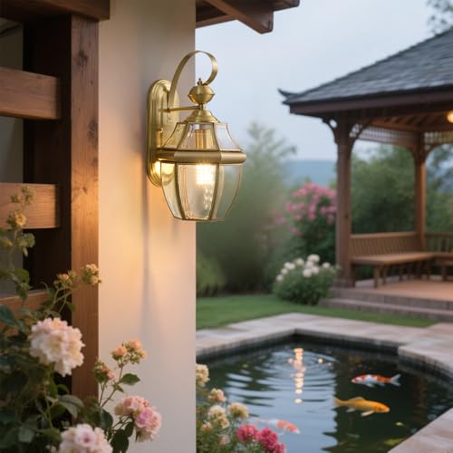 Image of Gold Sconce Courtyard Wall Lamp Outdoor Wall Lights Lantern, Dusk to Dawn Weather Resistant Exterior Lights for House Sconce, Waterproof Garage Lights with Clear Glass Shade