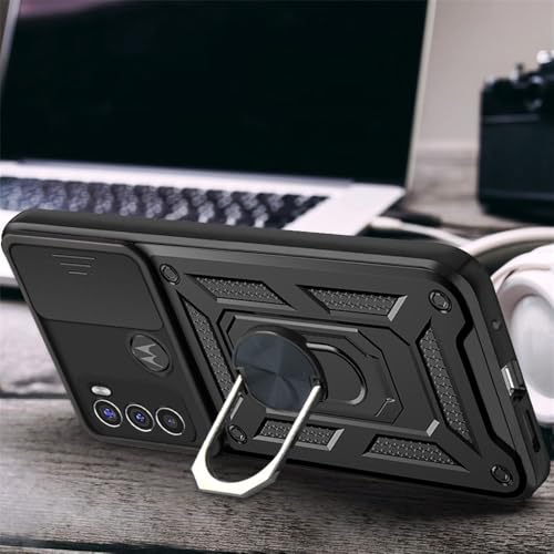 Image of Casodon Heavy Duty Back Case Cover for Moto G60 /G40 Fusion 5G, Shockproof Moto G60 /G40 Fusion Back Cover, Ring Case with Kickstand and Camera Protection Shutter - Black