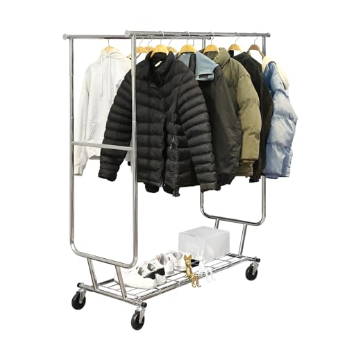 YJTTSMUL Double Rod Clothes Rack, Heavy Duty Rolling Clothing Rack With Shelves, Double Rod Clothing Racks for Hanging Clothes & Bags, Portable & Adjustable Clothes Rack with Wheels Garment Rack
