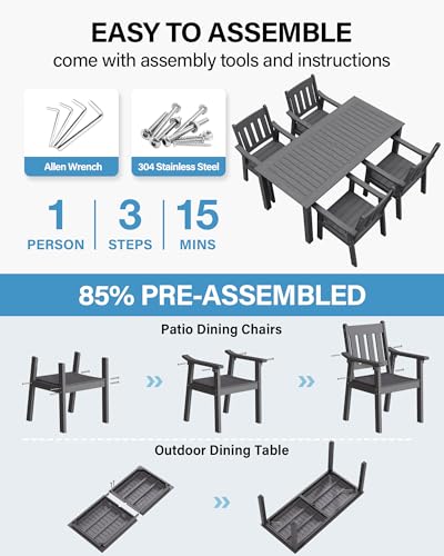 Image of YEFU HIPS Patio Table Set: 5 Piece Outdoor Table and Chairs Dining Furniture Set with Umbrella Hole - Gray Modern Plastic Dining Sets 4 Person for Outside Deck with Metal Aluminum Frame