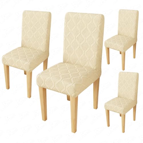 Image of Lukzer Elastic Dining Chair Cover - 4PC Pastel Yellow Diamond | Textured High Stretch Jacquard Seat Cover | Removable Washable Short Dining Chair Cover Protector Seat Slipcover | (CC-156-04)