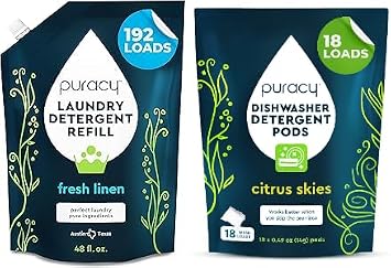 Puracy Laundry Detergent Refill - Enzyme-Powered Liquid Laundry Detergent Concentrate Fresh Linen, 192 Loads and Natural Dishwasher Pods - Non Toxic Dishwasher Detergent Citrus Skies, 18 Loads