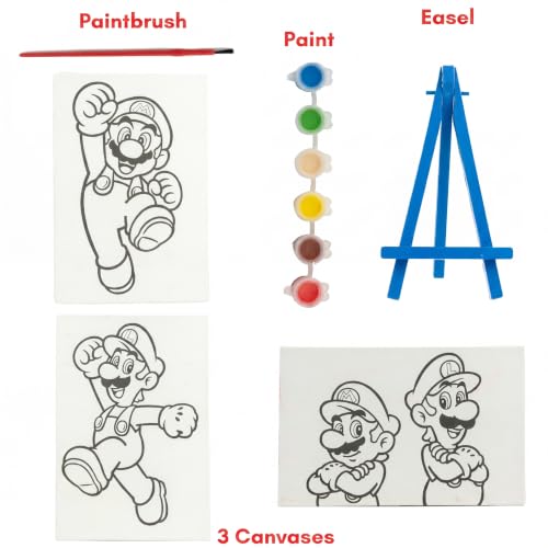 Super Mario Canvas Painting Kit for Kids, 3 Preprinted Mini Canvases for Painting, Easel, 6 Paint Pots and Brush, Acrylic Paint Set for Children - Image 2