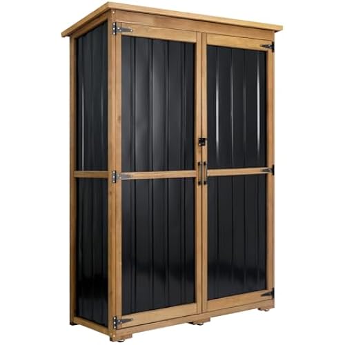 Ketive Outdoor Storage Cabinet, Wood & Metal Storage Shed with Weather-Resistant Roof, Double Lockable Doors, Removable Shelves & Adjustable Feet, for Patio, Backyard, Poolside, 46" x 18" x 68"