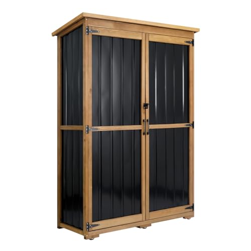 Outdoor Storage Cabinet, Wood & Metal Storage Shed with Weather-Resistant Roof, Double Lockable Doors, Removable Shelves & Adjustable Feet, for Patio,