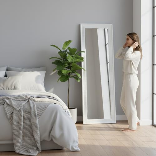 Image of APRODZ Tall White Full Length Mirror 52x160 cm | Slim Floor Standing Full Body Dressing Mirror | Modern White Frame Mirror for Bedroom, Living Room, Hallway & Studio