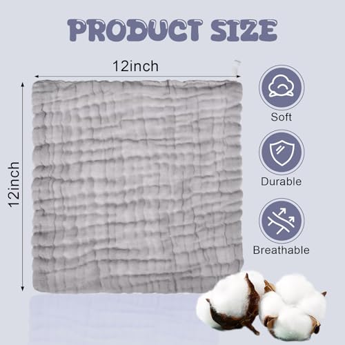 Image of Breling 20 Pcs Baby Muslin Washcloth 12 x 12 Inch 100% Cotton Soft and Absorbent Muslin Washcloth Burp Cloth Wipe Newborn Face Towel for Baby Boy Girl Sensitive Skin(White, Light Gray, Gray)