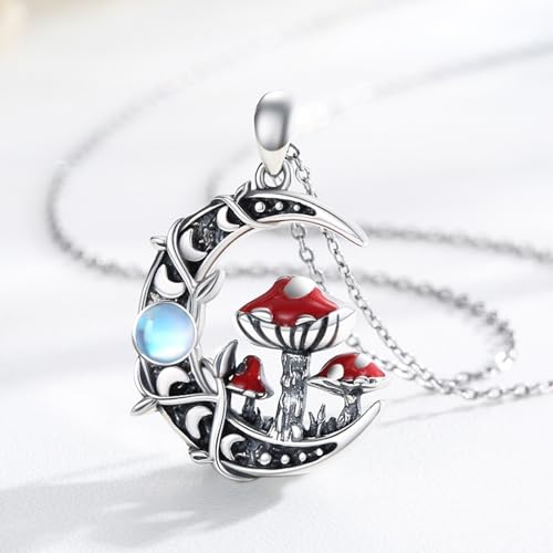 TRISHULA Moon Mushroom Necklace 925 Sterling Silver Mushroom Pendant Moon Phase Necklaces Mushroom Jewelry Gift for Women Mushroom Lover Anniversary Christmas Gift2