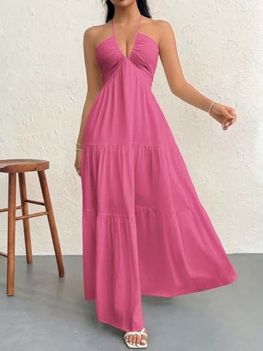 Image of Narecte Women's Maxi Summer Dresses Halter V Neck Beach Dresses for Women A-Line Casual Dress for Vacation