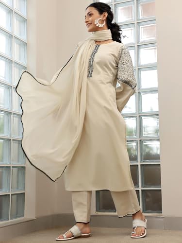 Image of Libas Solid Cotton Blend Straight Kurta with Palazzo and Dupatta