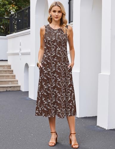 Image of HOTOUCH Summer Casual Dresses for Women Sleeveless Midi Dress Swing Tank Sundress Pleated Tshirt Dress with Pockets