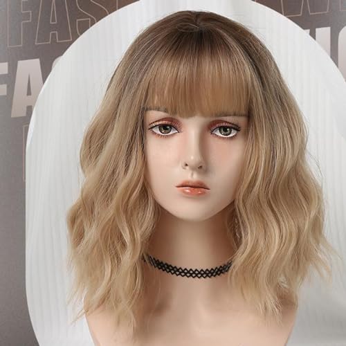 Perruque synthétique blonde bouclée 30cm frange résistante à la chaleur