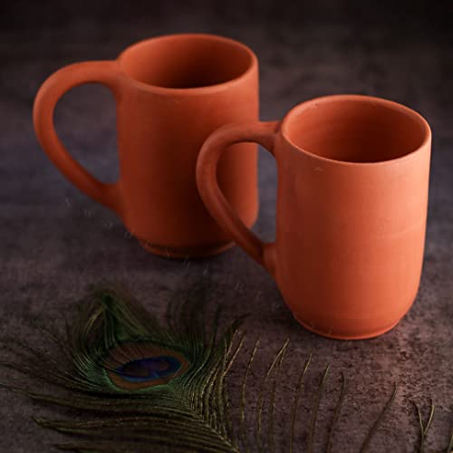 SWADESHI BLESSINGS Exclusive Range Unglazed HandMade Clay Mugs Set of 2/ Earthen Mugs for Milk,Tea,Coffee/Mud Mugs/Mitti Ke Mugs/Ayurvedic Item (With Mirror Finish) + ASH For Cleaning (400ml Each)