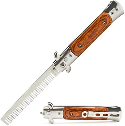 High Quality Metal Switchblade Pocket Folding Flick Hair Comb For Beard, Mustache, Head Polished Wood Handle ~ INCLUDES Beard Fact Wallet Book ~ Nicer Than Butterfly Knife Trainer