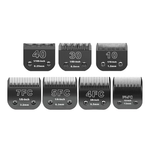 Black Detachable Pet Dog Grooming Clipper Stainless Steel Blades Set,Compatible with Andis,Oster A5,Wahl KM10 Series Clippers,Cut Length 1/100\"(0.25mm) to 1/2\"(13mm) ,7 Pack (10+30+40+7FC+5FC+4FC+3FC)