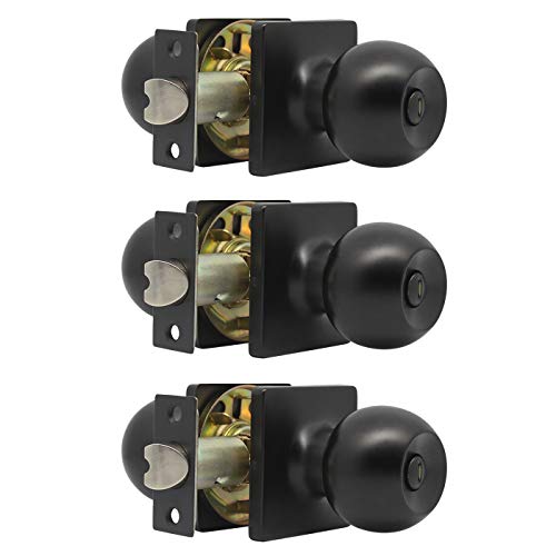 Gobrico Square Privacy Doorknobs Matte Black Finished/Round Ball Interior Door Knobs with Lock for Bathroom Bedroom/No-Locking Storeroom Door Handles,Pack of 3