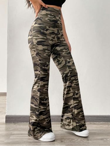 OYOANGLE Women's Camo Flared Pants High Waisted Tummy Control Skinny Leggings Bell Bottom Trousers2