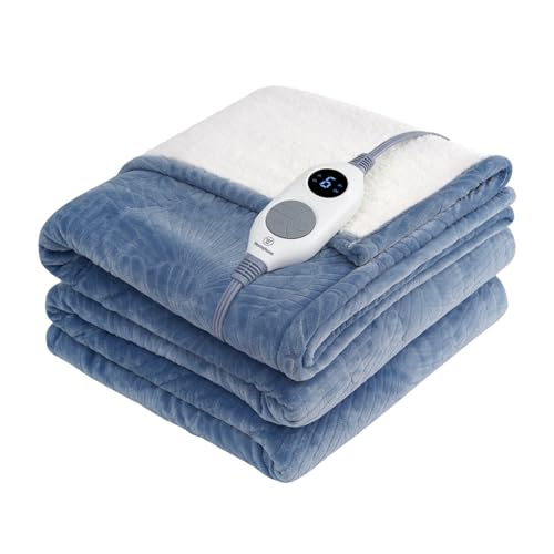 Westinghouse Heated Throw Blanket Flower Jacquard Flannel Sherpa 50x60 Blue