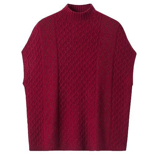 Mujeres 100% Cachemira Cálido Suéter Chaleco Invierno Medio Cuello Alto Loose Batwing Manga Jumpers Burgundy XL
