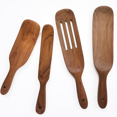 FAAY Teak Spurtle Set, 4 Handmade Wooden Utensils | Premium Thai Teak, Non-Scratch, Moisture-Resistant | Skinny, Medium, Solid & Slotted Spurtles for Mixing, Stirring, Batter & Jars