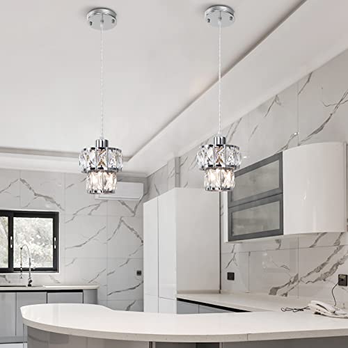 Cunfash Crystal Pendant Lights Kitchen Island Hanging Light Fixtures, 2-Tiers Chrome Round Shade Adjustable Small Pendant Light For Kitchen Sink Bedroom Hallway Entryway Porch Bar Lighting #TOP2